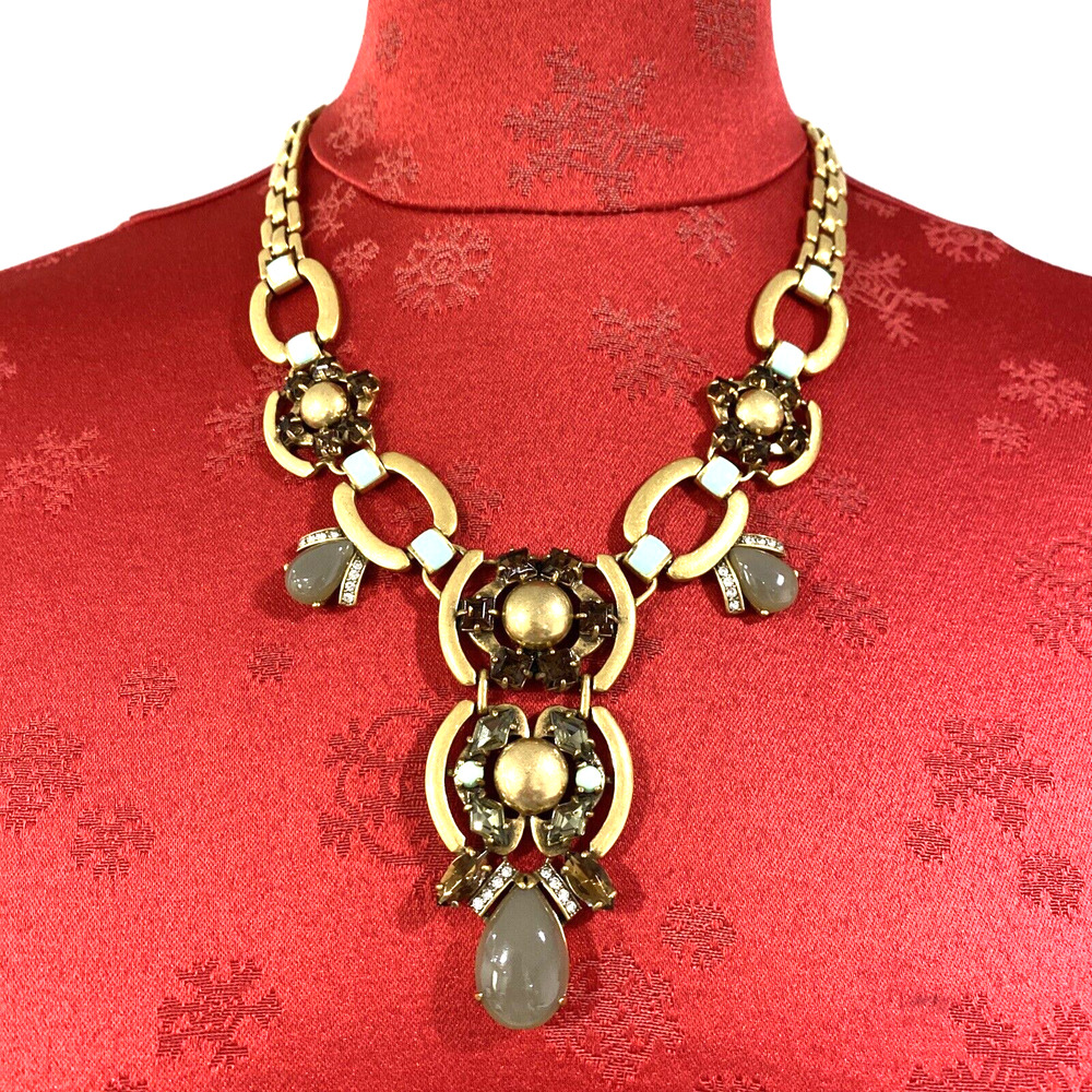 Stella & Dot Livvy Bib Necklace Runway Drama Statement Gold Chain & Sage Stones